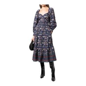 Sea New York Noah Smocked Midi Dress Long Sleeve in Navy Cotton Size 6
